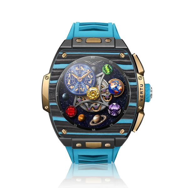 VERTU Watch S1 Finished Set Bespoke Gold Black and Blue Carbon Fiber Light Blue Strap